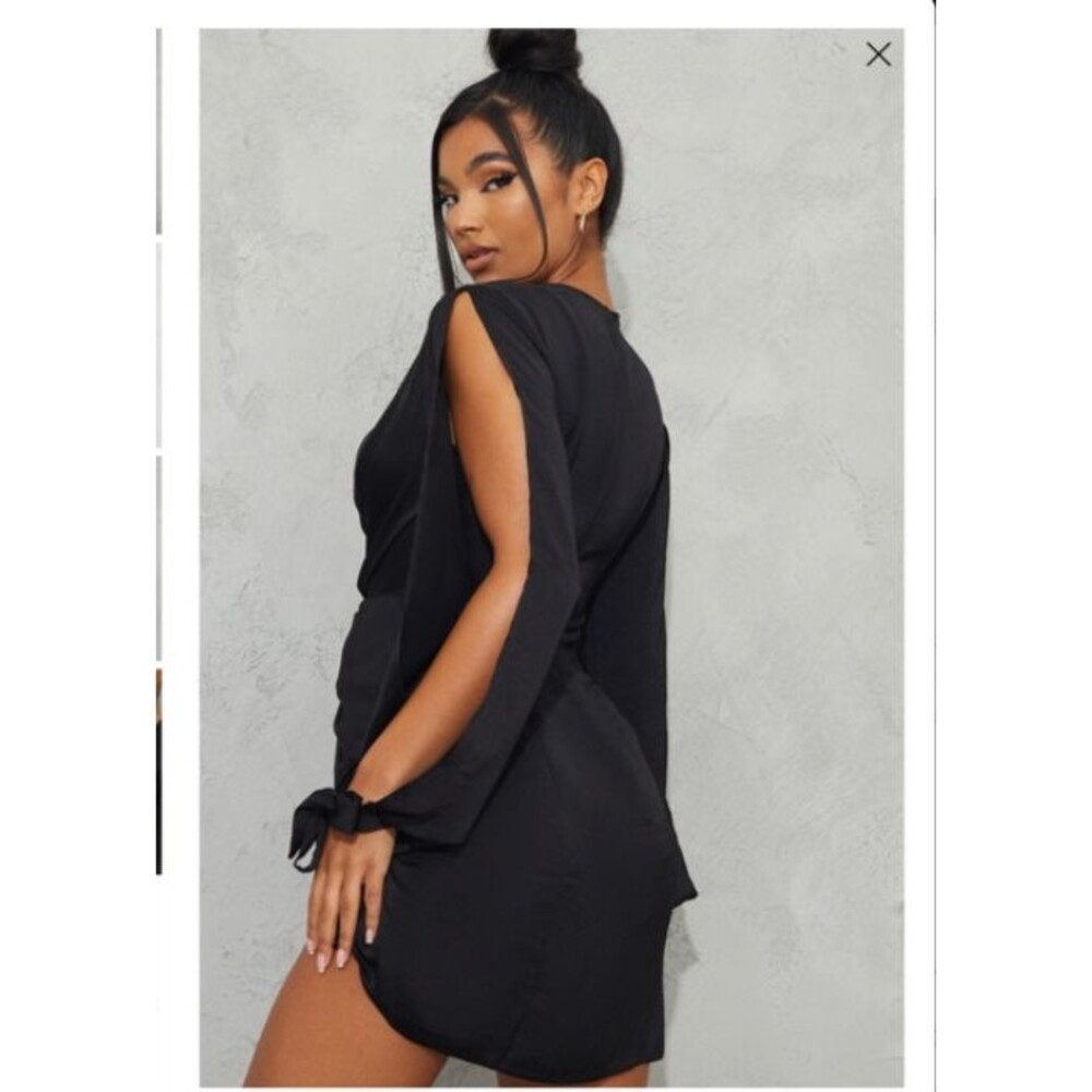 Pretty Little Thing Black Twist Front Wrap Open Sleeve w/Ties Dress Size 8